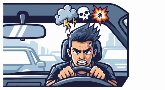 Frustrated man driving in traffic with storm clouds, skull, and explosion symbols above