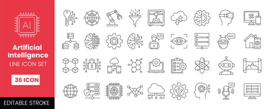 Artificial Intelligence Line Icon Set. AI Technology Future Machine Learning line icon with editable stroke. vector Illustration.