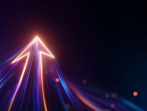 Glowing Arrow of Progress: A neon arrow points upwards against a dark, abstract background, symbolizing growth, forward movement, and technological advancement with vibrant streaks of light and bokeh.