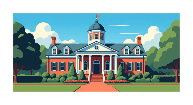 Vector illustration of a Georgian colonial mansion featuring red brick walls, white columns, a central dome cupola, and manicured gardens with lush green trees under a clear blue sky.