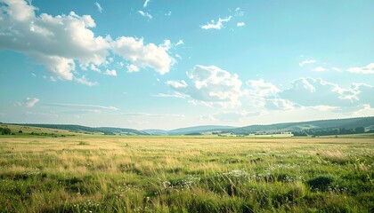Fototapeta premium Vast open field under a bright blue sky with clouds.