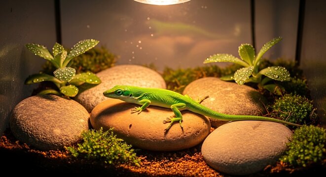 Bright Green Lizard Resting on Smooth Stones in Warm Terrarium Habitat