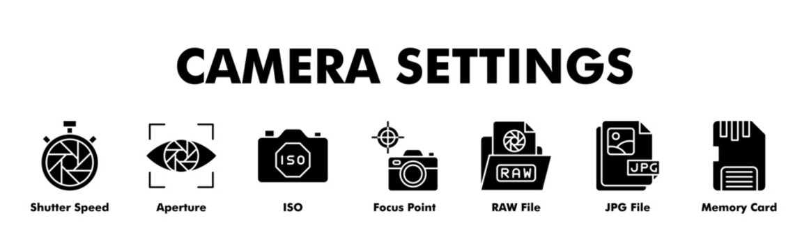 CAMERA SETTINGS web banner icon vector illustration concept for business with icon of Shutter Speed, Aperture, ISO, Focus Point, RAW File, JPG File, Memory Card 