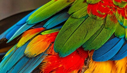 Obraz premium Vibrant macaw feathers create a colorful and textured abstract pattern.