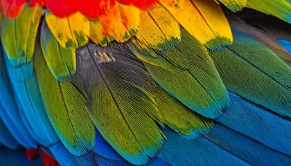 Fototapeta premium Vibrant plumage - A close-up of colorful parrot feathers.