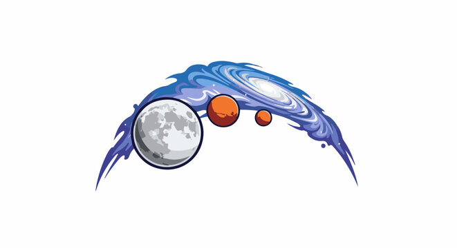 Celestial bodies, a moon, two orange planets, and a swirling galaxy