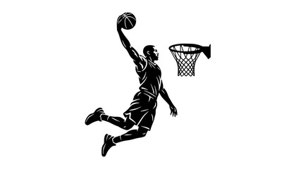 Obraz premium Slam dunk basketball player silhouette with hoop sports vector artwork isolated on white background