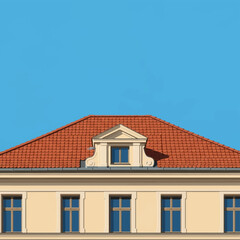 Obraz premium Flat vector illustration of a classical building's upper story featuring a red terracotta tile roof, an ornate architectural dormer window with a pediment, and a clear blue sky background.