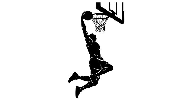Basketball player dunking silhouette vector illustration with hoop and ball isolated on white background