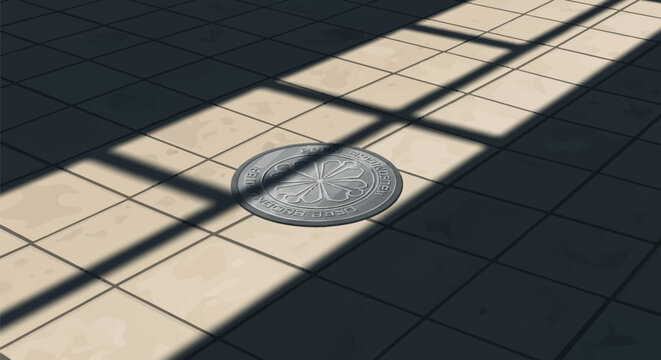Sunlight casts high contrast window frame shadows on a beige stone tile floor featuring a circular metal decorative grate with floral patterns and a textured architectural finish.