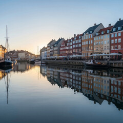 Obraz premium Sunrise over Nyhavn canal in Copenhagen, Denmark, with colorful historic townhouses reflected in calm water, featuring traditional wooden boats and sailboats moored along the quay.
