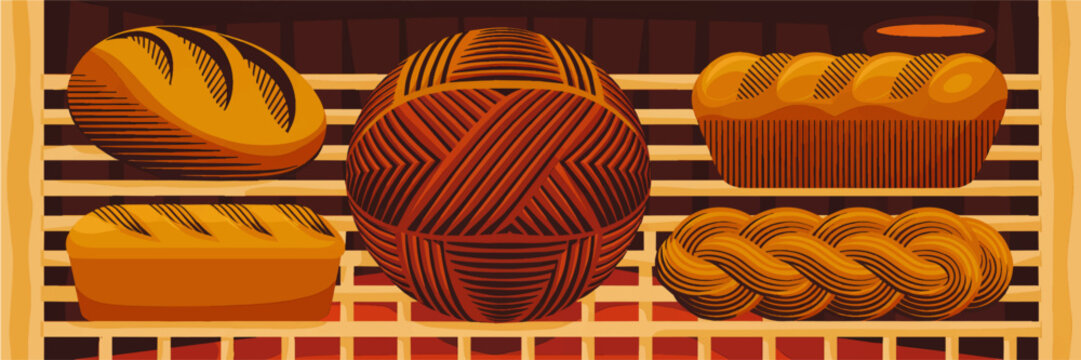 Artisan bread assortment on bakery shelf, colorful vector illustration of rustic loaves, braided challah and round sourdough