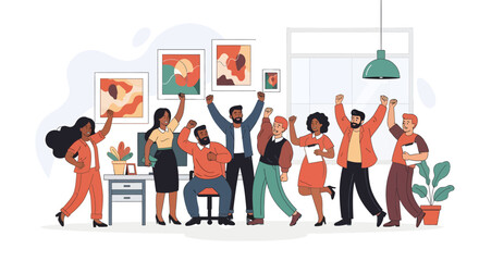 Obraz premium Diverse Business Team Celebrating Success and Achievement in Modern Office Workspace Vector Illustration