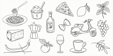 Set of traditional Italian food and culture icons. Spaghetti pizza olive oil wine moka pot espresso cheese gondola scooter lemon and basil graphics. Line drawing vector doodles. © Viktoriia