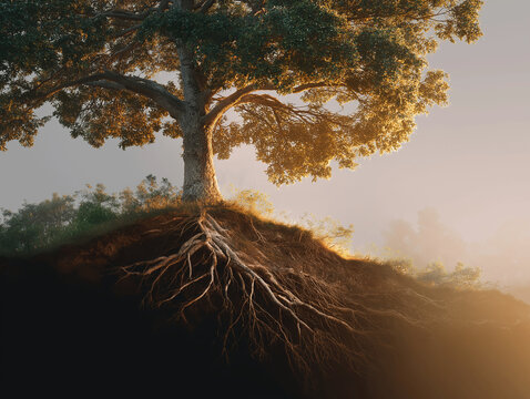 Ancient Oak Tree with Exposed Roots: A majestic ancient oak tree stands strong, its intricate root system deeply anchored in the earth, bathed in the warm, diffused light of dawn or dusk.
