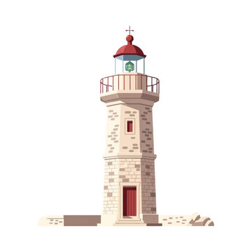 Vector illustration of a stone lighthouse with an octagonal tower, red dome topped with a cross, lantern room, and iron balcony railing, isolated on a white background for design.