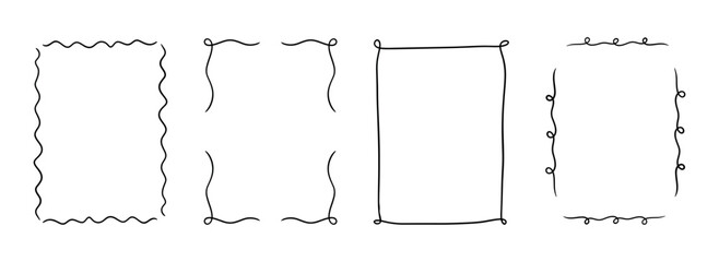 Set of doodle frame borders. Hand drawn rectangle line ornaments. Squiggle and wavy edge dividers. Decorative sketchy element set for invitations and labels. © Viktoriia