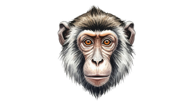 Detailed watercolor illustration of a primate monkey head portrait featuring textured grey and brown fur with expressive orange eyes isolated on a plain white background.