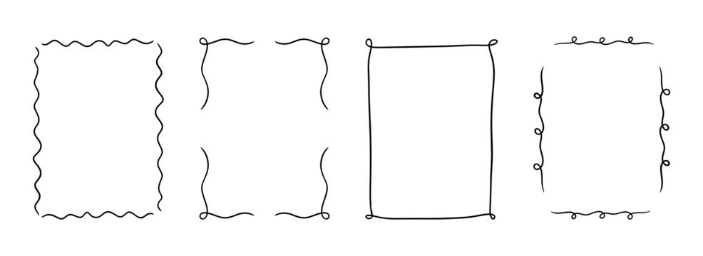 Set of doodle frame borders. Hand drawn rectangle line ornaments. Squiggle and wavy edge dividers. Decorative sketchy element set for invitations and labels.