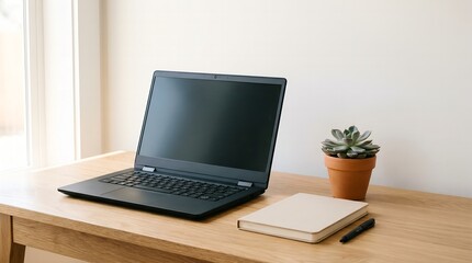 Fototapeta premium A black laptop sits on a wooden desk beside a potted plant and notebook.
