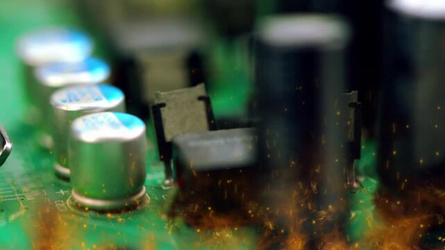 Close up of electronic circuit board components with capacitors and resistors on a green pcb background with orange sparks flying around