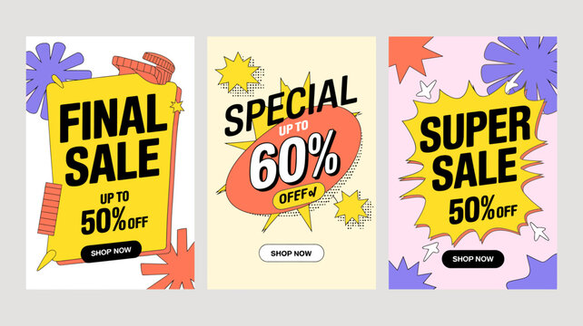 sale advertisements vector illustration discounts final special offer super graphic promotion marketing retail shopping percent off shop now text stars shapes