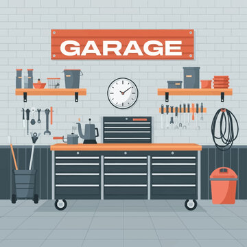 Flat vector illustration of a well-organized home garage workshop interior featuring a rolling tool chest, wall-mounted shelves, organized hand tools, a wall clock, and garage sign.