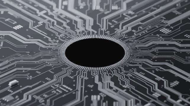 circuit board with central hole photo electronics technology hardware component microchip pcb image realistic detailed intricate black white gray background scenic