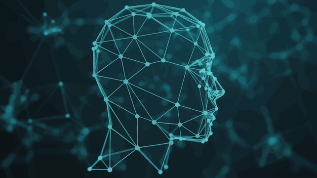 human head wireframe model futuristic digital technology network connectivity neural brain science innovation artificial intelligence conceptual geometric polygonal structure data visualization