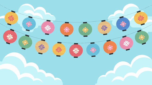 paper lanterns on string against light blue sky clouds festival celebration colorful decorations events parties outdoor traditions culture vector illustration scenic