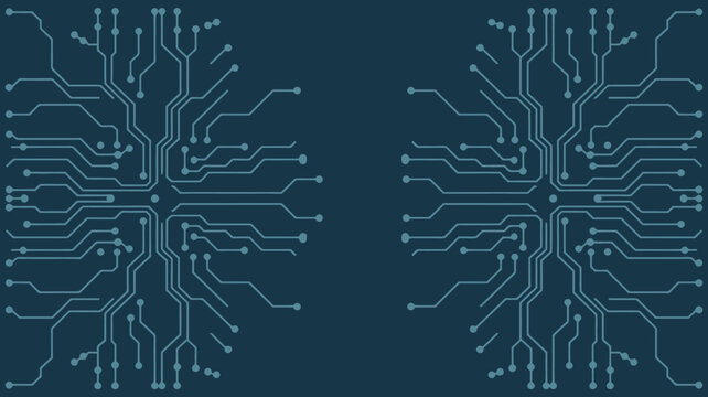 circuit board pattern on dark blue background symmetric electronics technology network connection digital hardware chip microchip vector graphic design engineering science