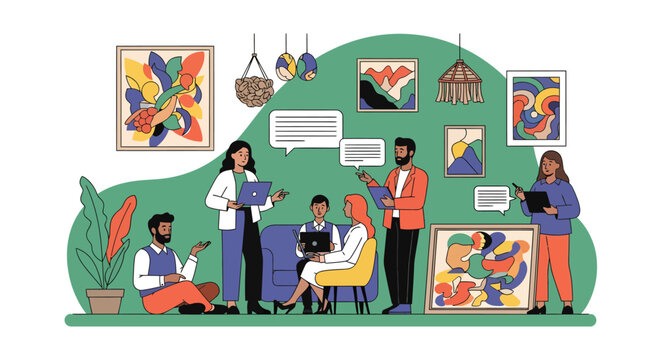 Creative Team Working and Collaborating in Modern Art Gallery Office Studio with Diverse Professionals and Technology