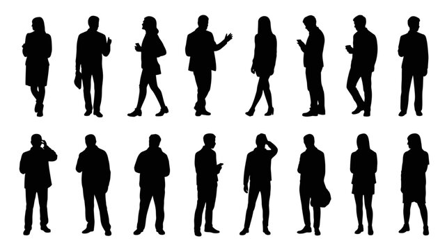 sixteen human silhouettes on white background silhouette people figure black transparent group standing walking gesture conversation interaction communication pose body language