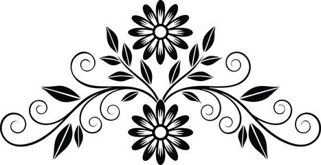 Obraz premium Black floral design with two flowers and leaves on white background