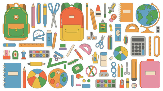 school supplies colorful vector illustration backpack pencil scissors ruler notebook globe calculator education learning stationery classroom childhood knowledge academic study tools