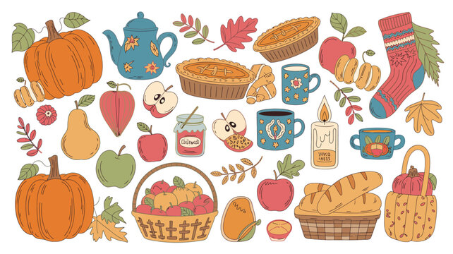 autumn harvest illustration pumpkin apple pie bread tea socks leaves basket fruit seasonal fall colorful vector food drink candle jam pear