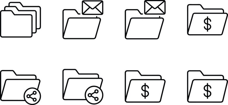 Folder and file management icon collection vector illustration featuring document sharing email storage and finance directory symbols for business applications