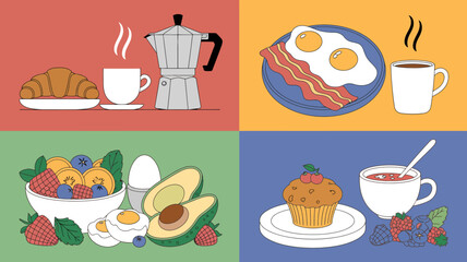 four breakfast panels vector croissant coffee eggs bacon muffin fruit avocado illustration food meal morning nutrition healthy dish cup plate steaming © Nargis