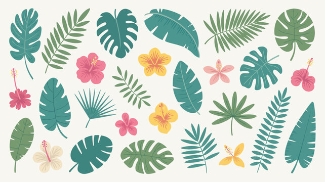 tropical leaves and flowers vector illustration botanical nature floral pattern design green pink yellow monstera palm hibiscus exotic summer vacation travel