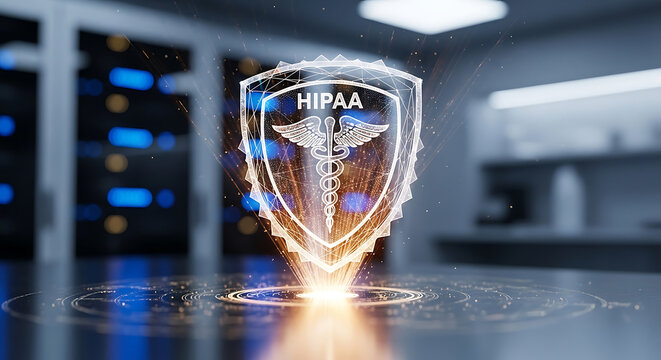 Glowing HIPAA Compliance Shield Hologram over a Blurred Data Center Background Illustrating Healthcare Cyber Security and Medical Information Privacy