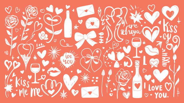 romantic doodles on coral background hearts flowers wine kisses love envelopes bows valentine vector illustration pattern white icons sentimental affectionate relationship