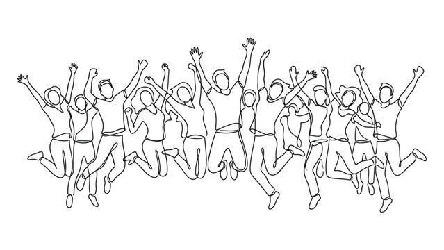 Diverse group of people jumping happily together.