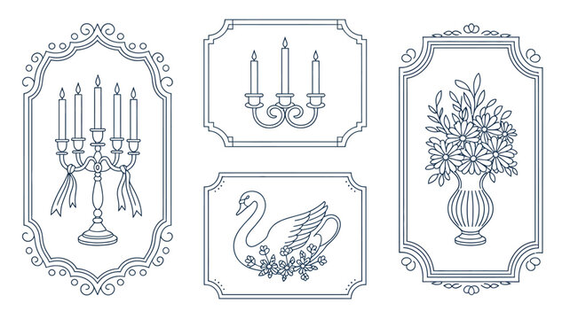 five framed illustrations line art candelabra candles swan flowers vase ornate frames blue toned elegant decorative pattern design graphic element icon