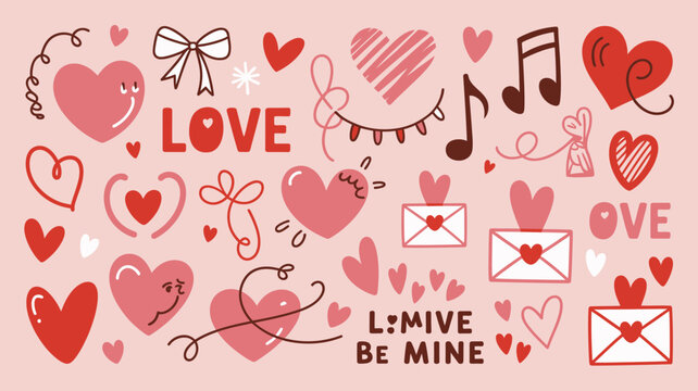 love themed vector illustration hearts envelopes music notes bow romantic pink red valentine affection sentimental relationship greeting card design pattern graphic