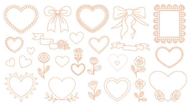 heart shapes and floral elements line art outline bow ribbon frame rose love romance valentine design pattern ornament decoration icon symbol