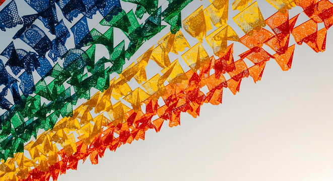 Colorful cut paper flags strung together, creating a festive decoration, symbolizing celebration and joy, ideal for party or event themes