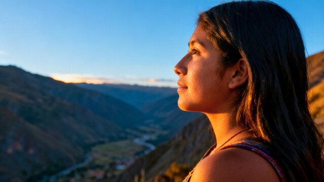Slow travel and off grid immersion concept with peaceful young Peruvian woman in side profile nature portrait.
