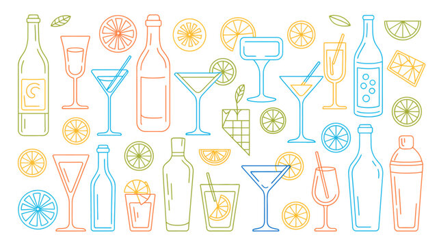cocktail glasses and bottles line art illustration drinkware beverage alcohol martini wine spirits citrus slice orange lemon lime pattern design graphic