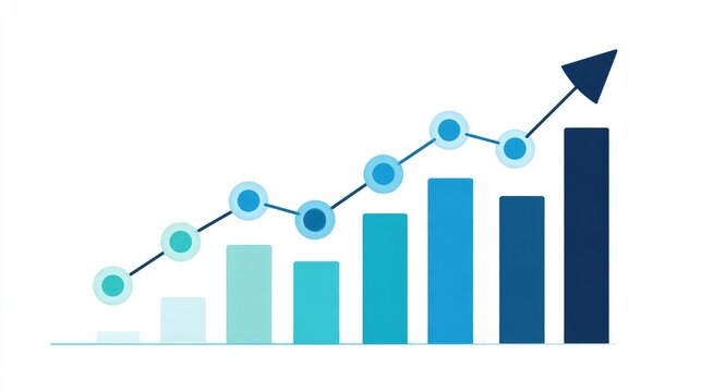 Upward trending bar chart with line graph and arrow indicating growth