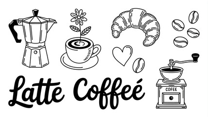 coffee themed line art espresso pot croissant beans cup flower grinder heart black white illustration breakfast cafe morning food beverage simple © Nargis